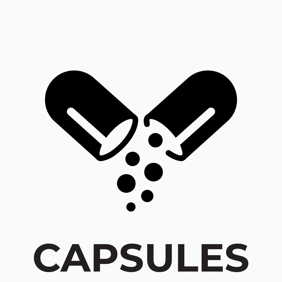 Black and white icon of two capsules with scattered pills and 'CAPSULES' text on a white background