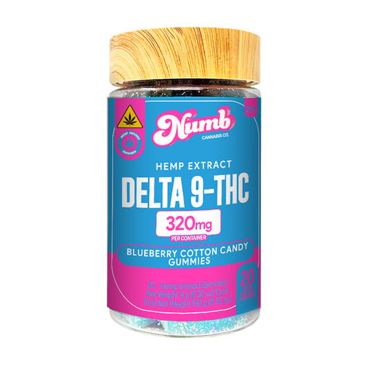 Jar of Numb Delta 9-THC gummies with blue label and wooden lid on white background