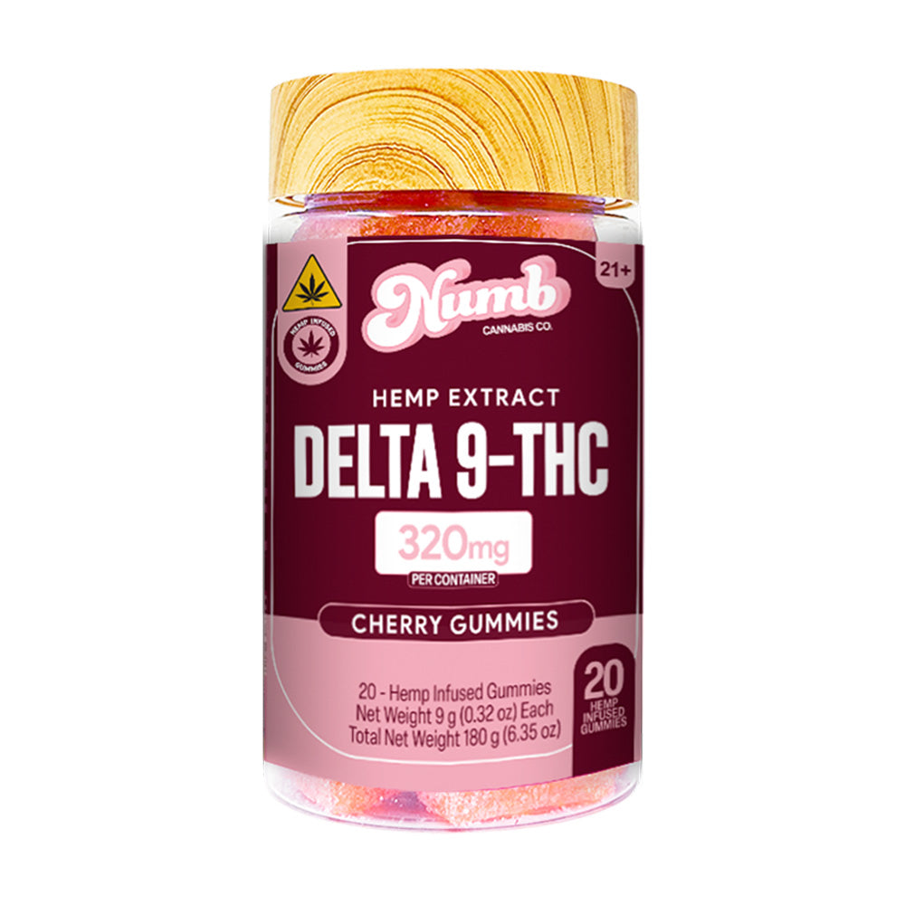 Jar of Numb Delta 9-THC cherry gummies on a white background