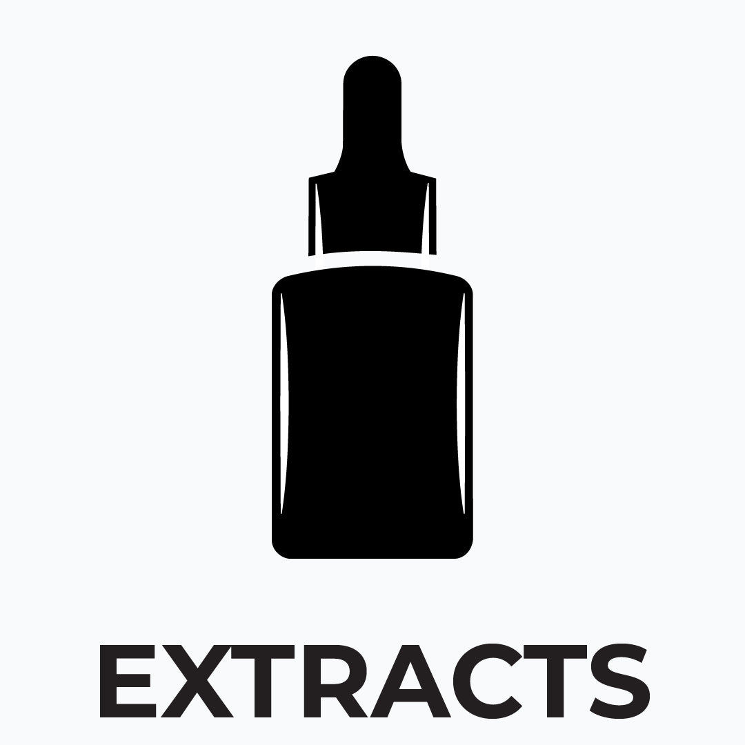 Black silhouette of a dropper bottle with 'EXTRACTS' text below on a white background