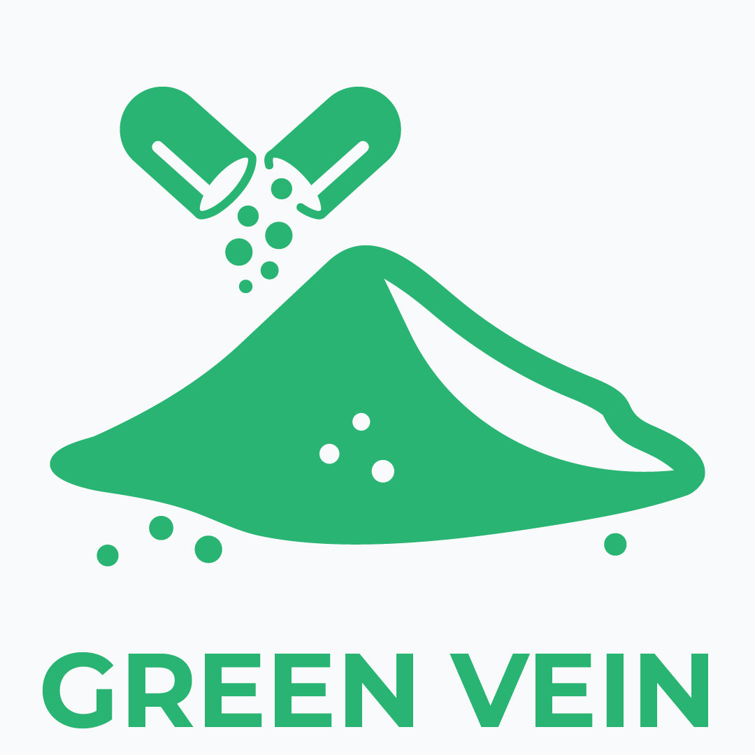 Green 'Green Vein' logo with a piles of powder and capsules design on a white background