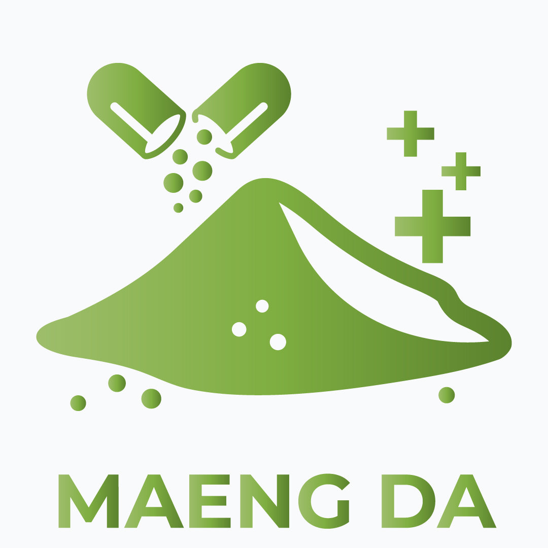 Maeng Da logo with green powder and capsules on a white background