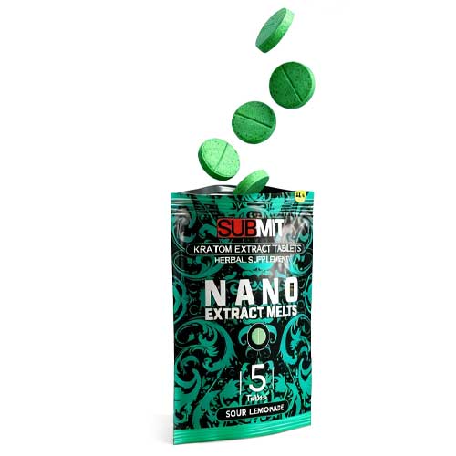 Kratom extract tablets spilling out of a green 'Submit' package on a white background