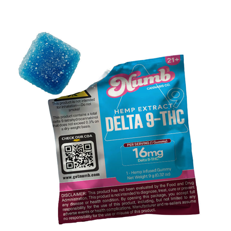 Numb Hemp Extract Delta 9 THC gummy and packaging on a white background