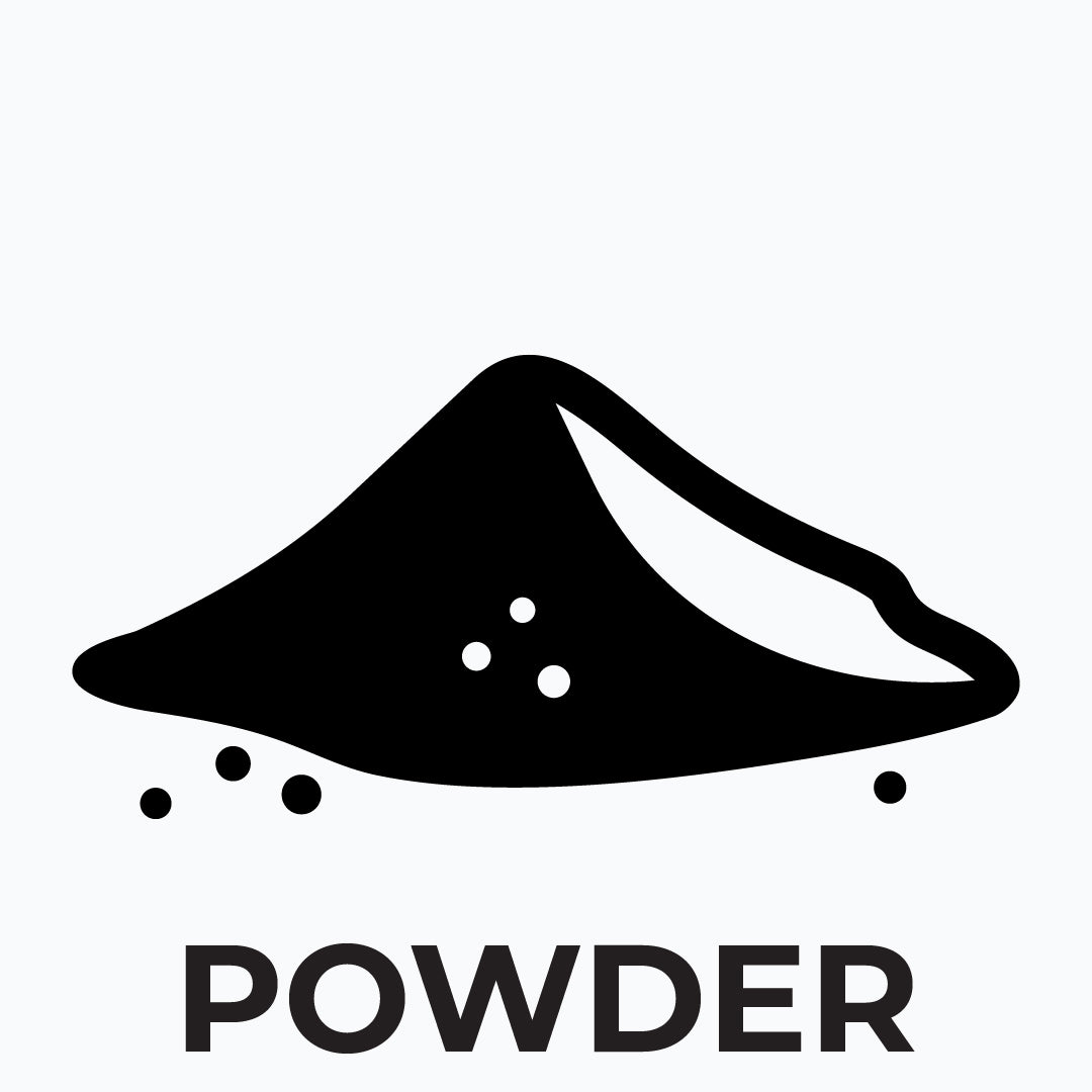Black icon of a mountain of powder with 'POWDER' text on a white background