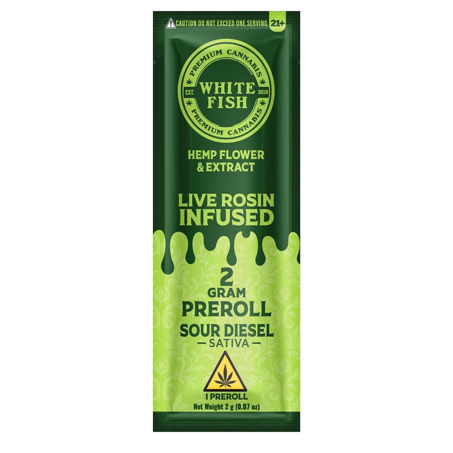 Green packaging of White Fish Hemp Flower & Extract with text and branding.