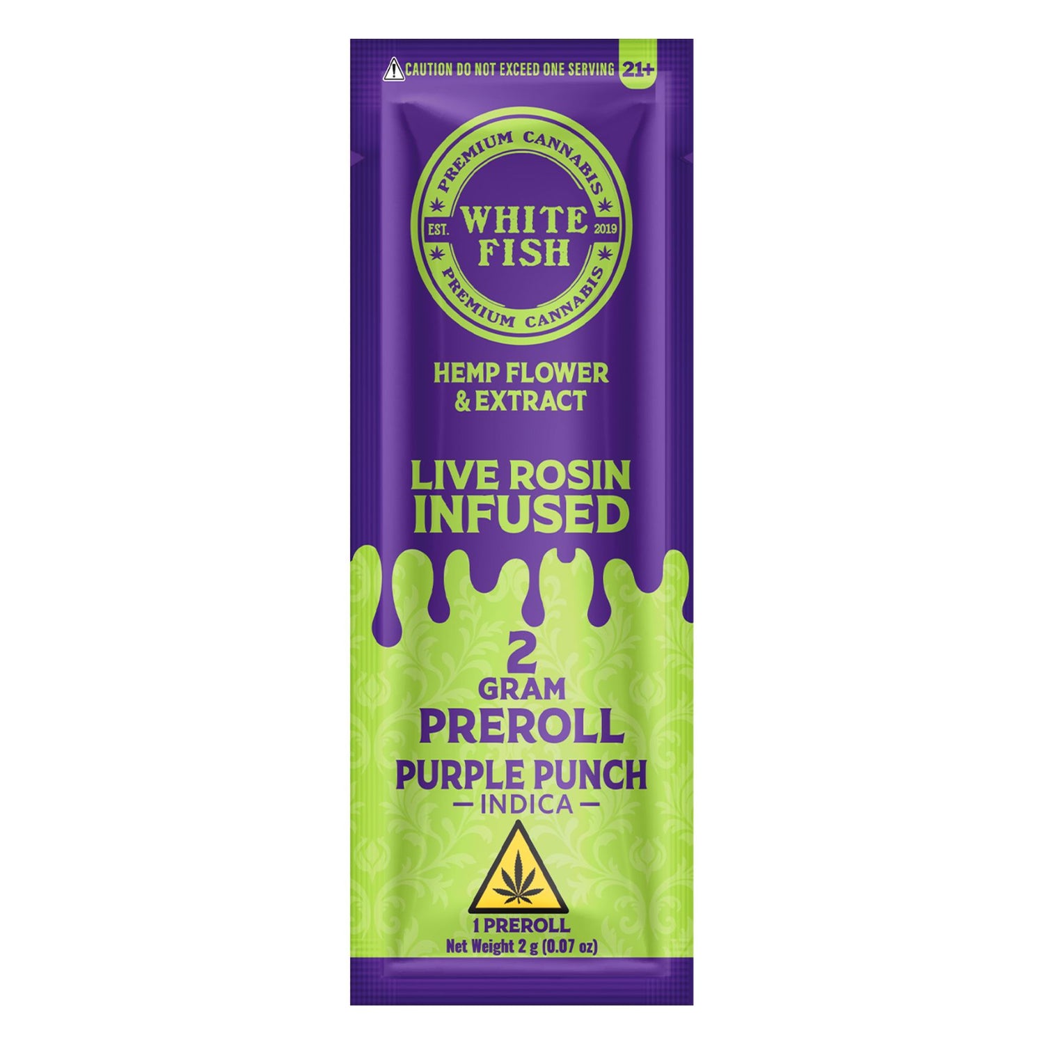 White Fish Hemp Flower & Extract packaging for Live Rosin Infused preroll on a white background