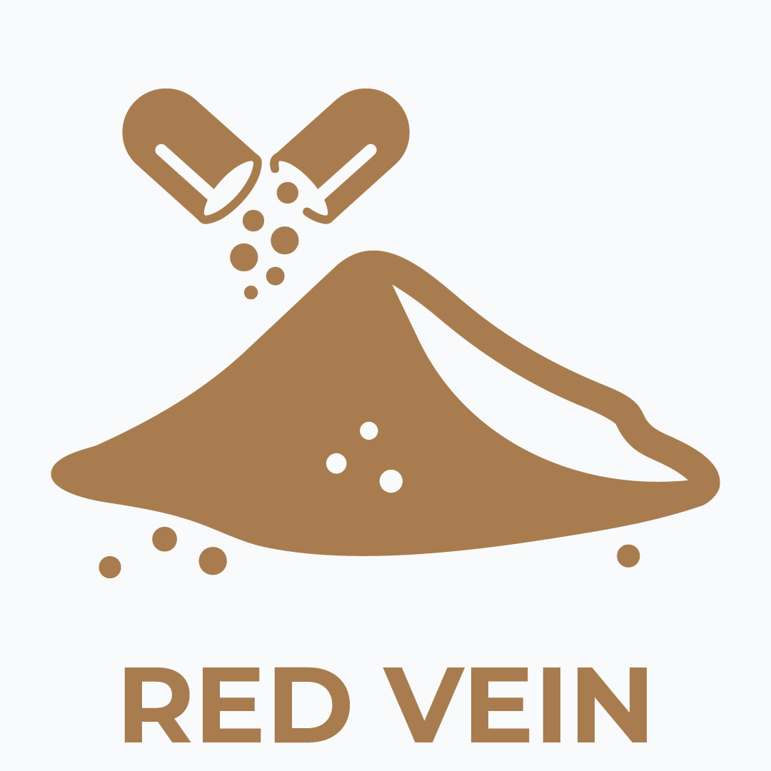 Logo with a mountain of brown powder and two capsules, labeled 'Red Vein'.
