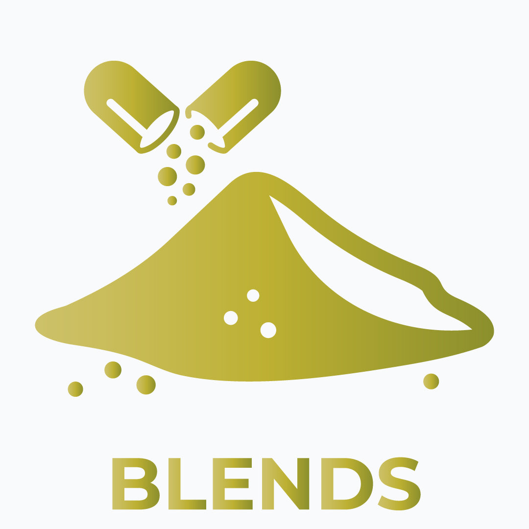 Logo with two halves of a kratom capsule pouring powder into a pile, labeled 'BLENDS' on a white background.