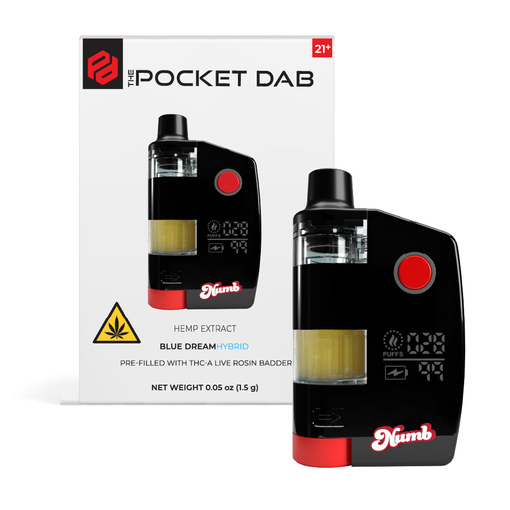 Numb pocket dab device with packaging on a white background
