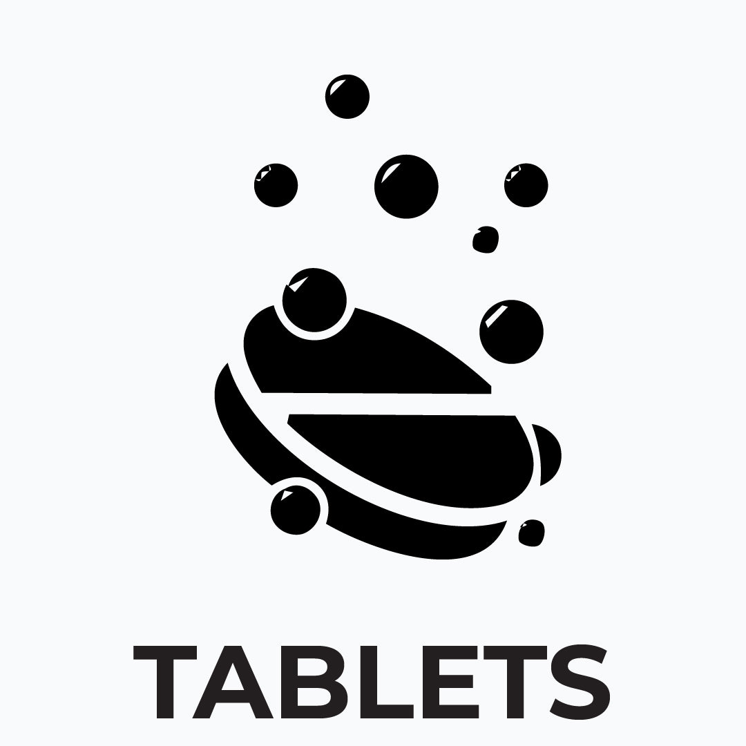 Black icon of a tablet with bubbles and the word 'TABLETS' below on a white background
