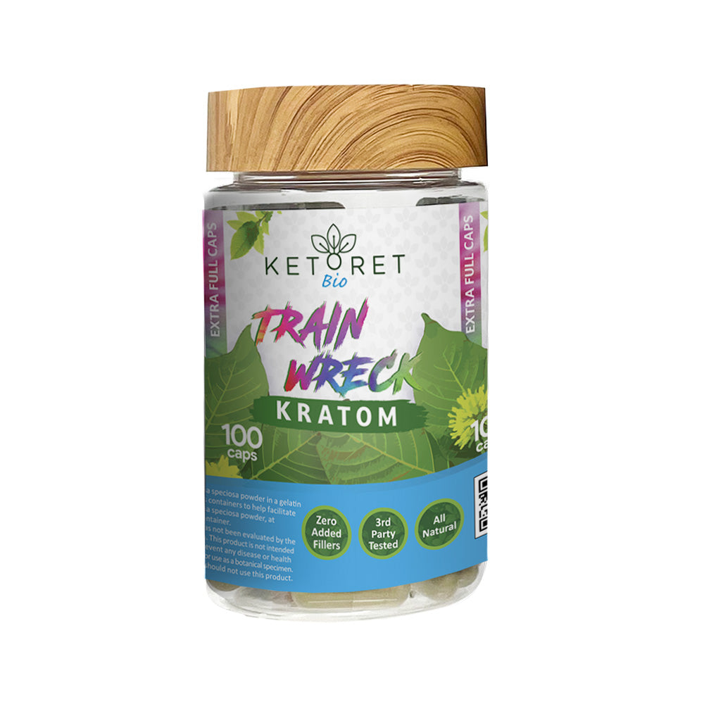 Ketoret Train Wreck Kratom jar with wooden cap on a white background