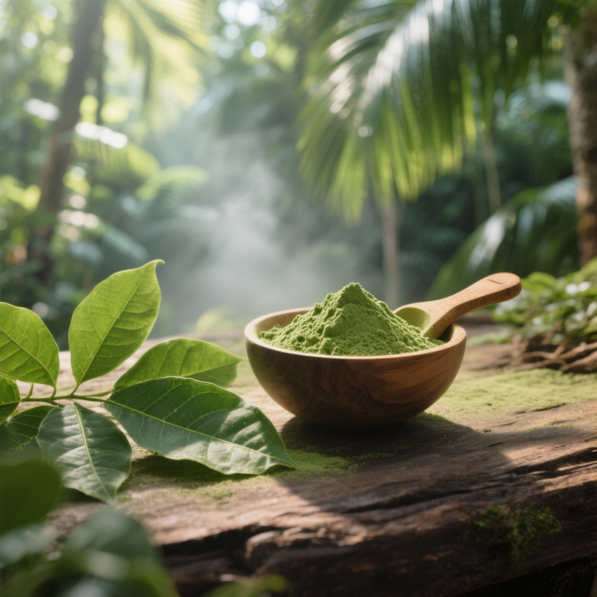 Wooden bowl with green powder on a log in a forest setting