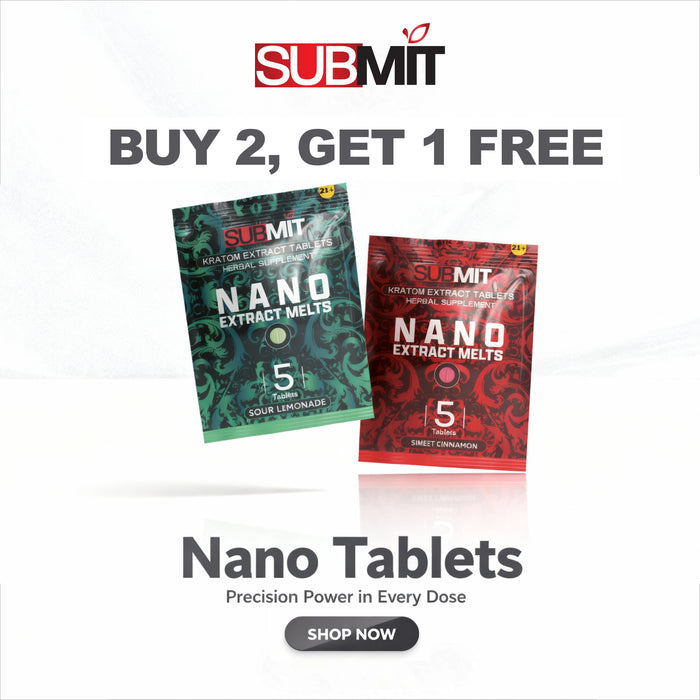 Two packages of SUBMIT Nano Extract Melts on a white background with promotional text.